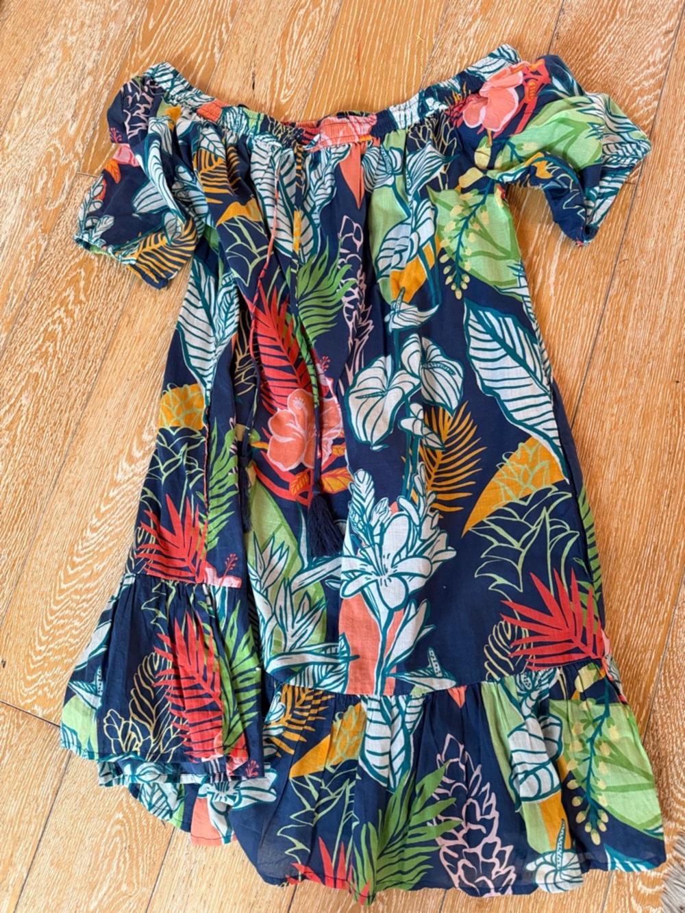 Tori Richard Navy Tropical Off-Shoulder Dress